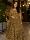 Elegant Golden-Olive Embroidered Maxi Dress