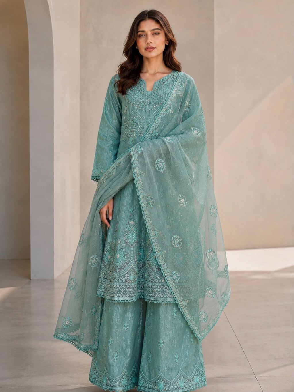 Elegant Embroidered Sea Green 3-Piece Suit