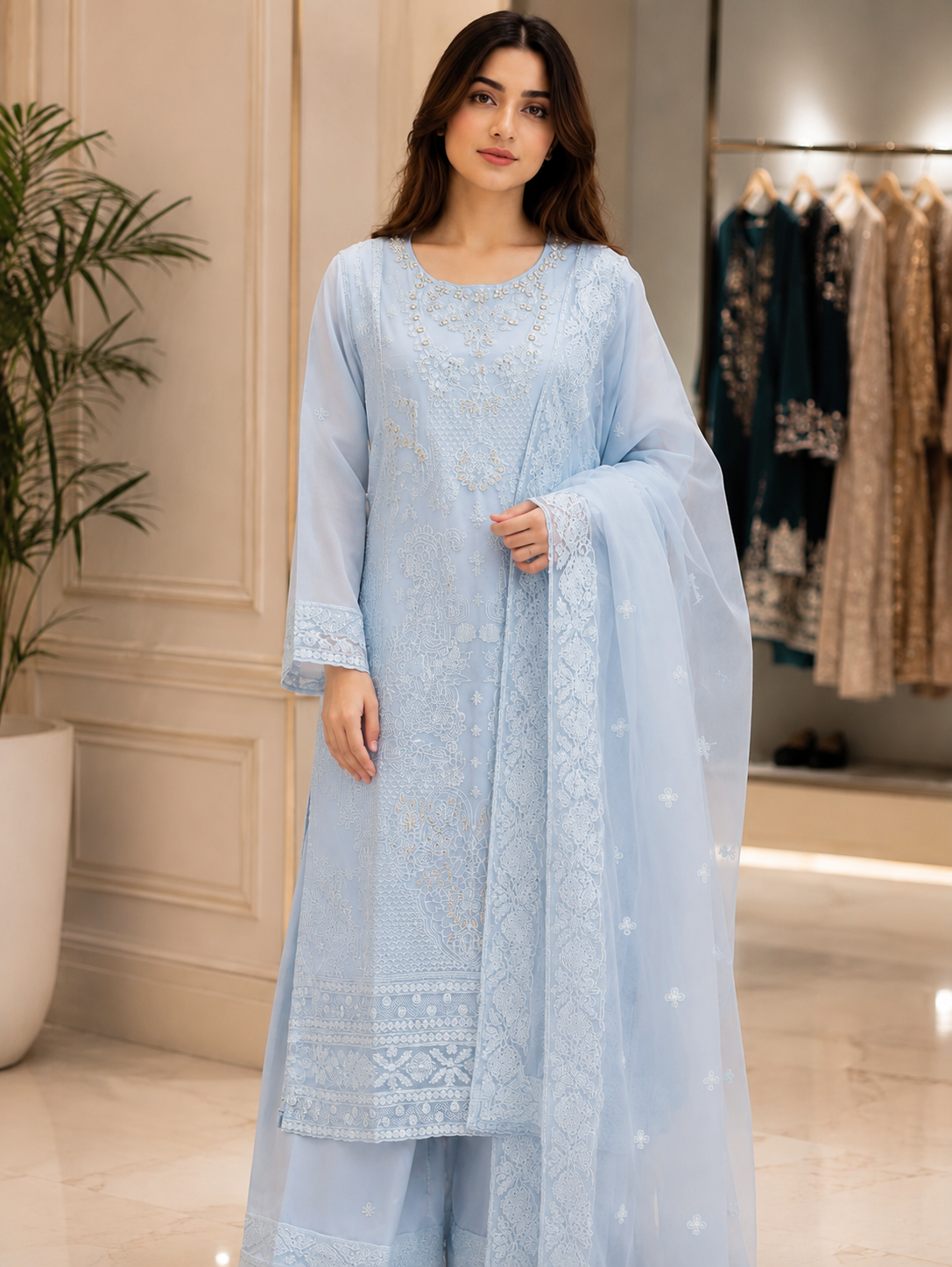 Elegant Light Blue Embroidered 3-Piece Suit