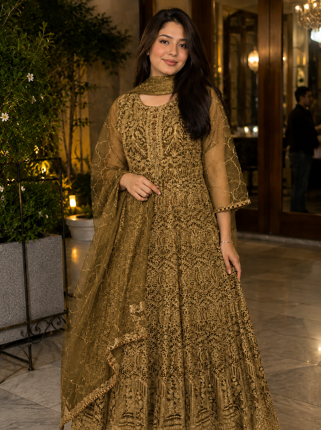 Elegant Golden-Olive Embroidered Maxi Dress