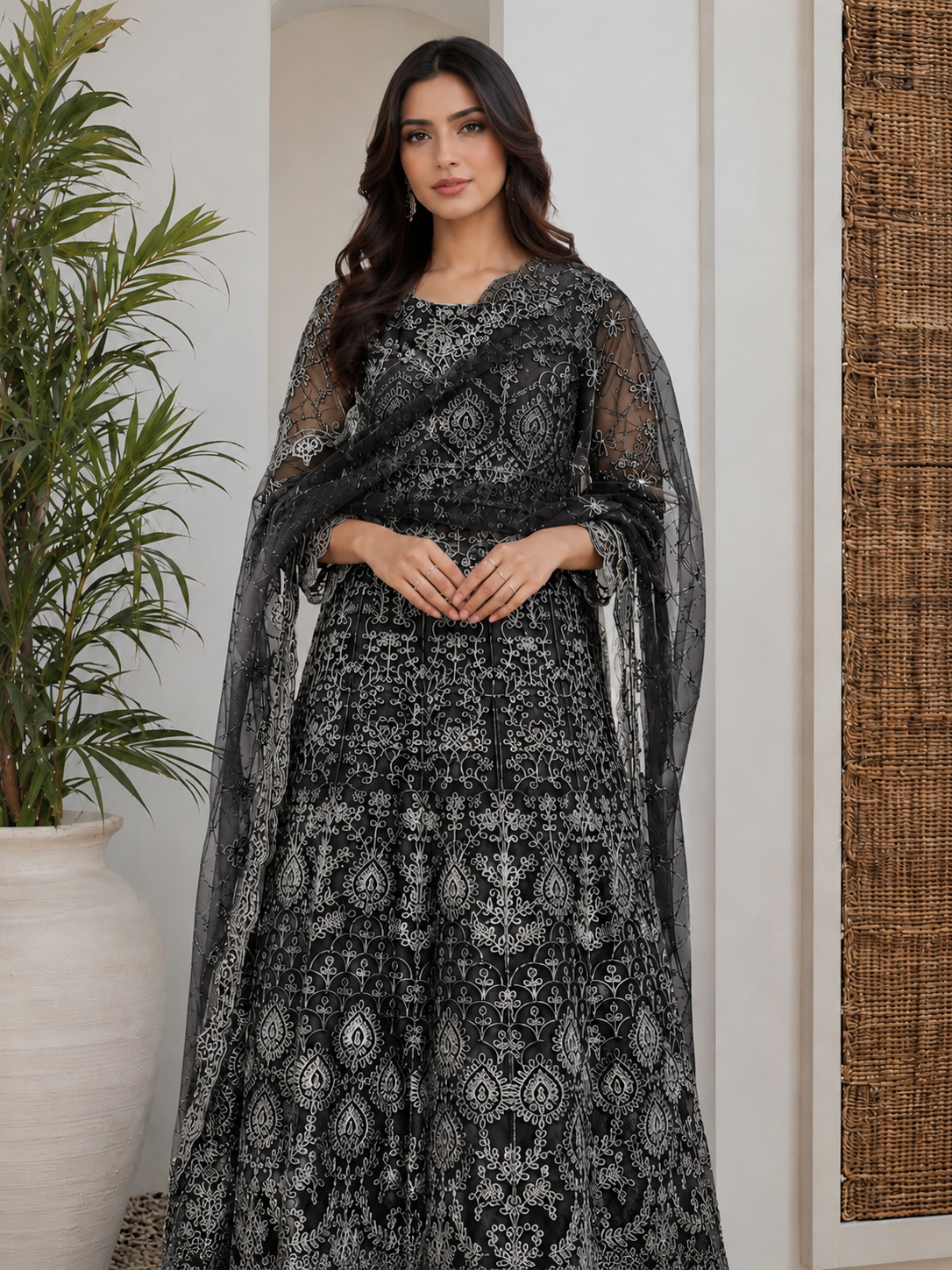 Elegant Dark Black Embroidered 3-Piece Suit