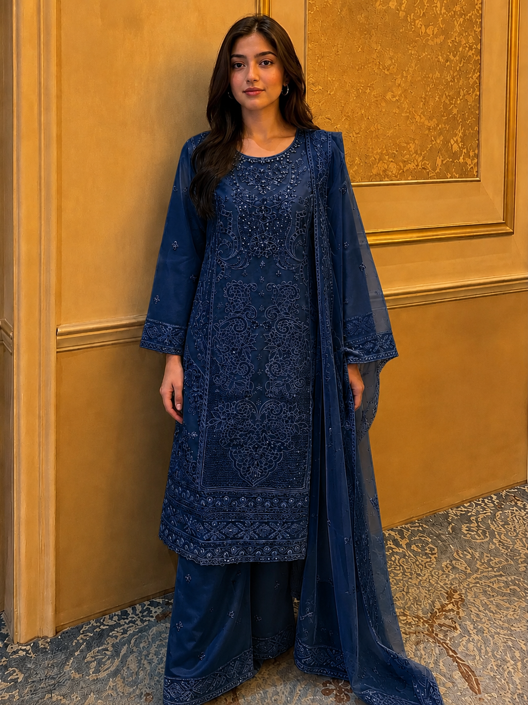 Blue Embroidered 3-Piece Suit