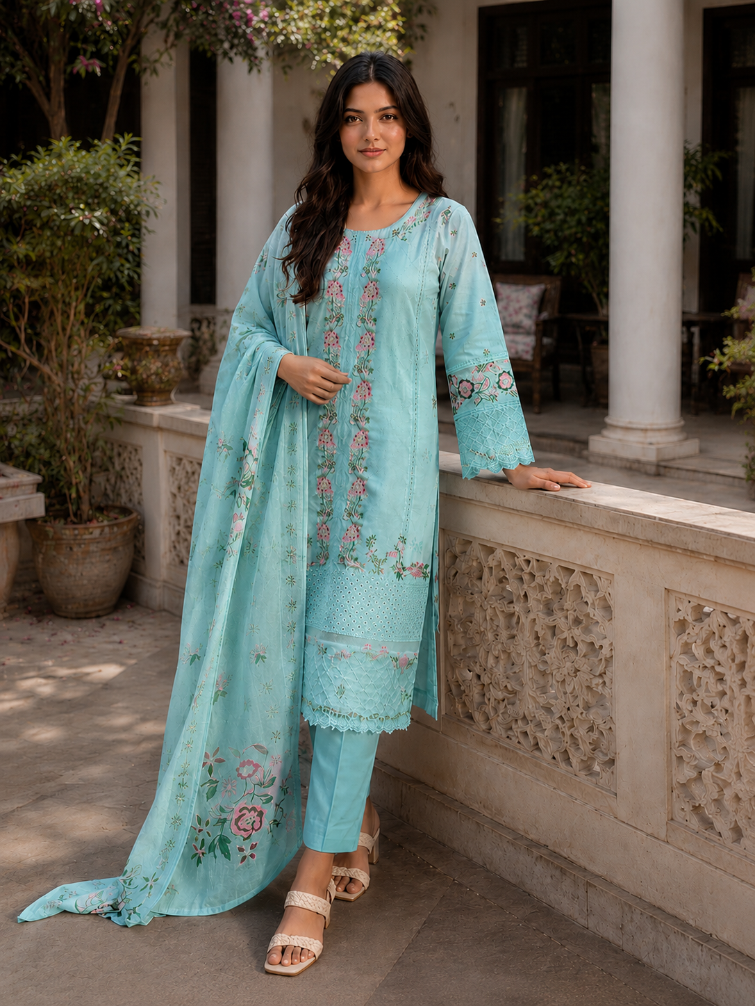 Elegant Ferozi Embroidered 3-Piece Suit