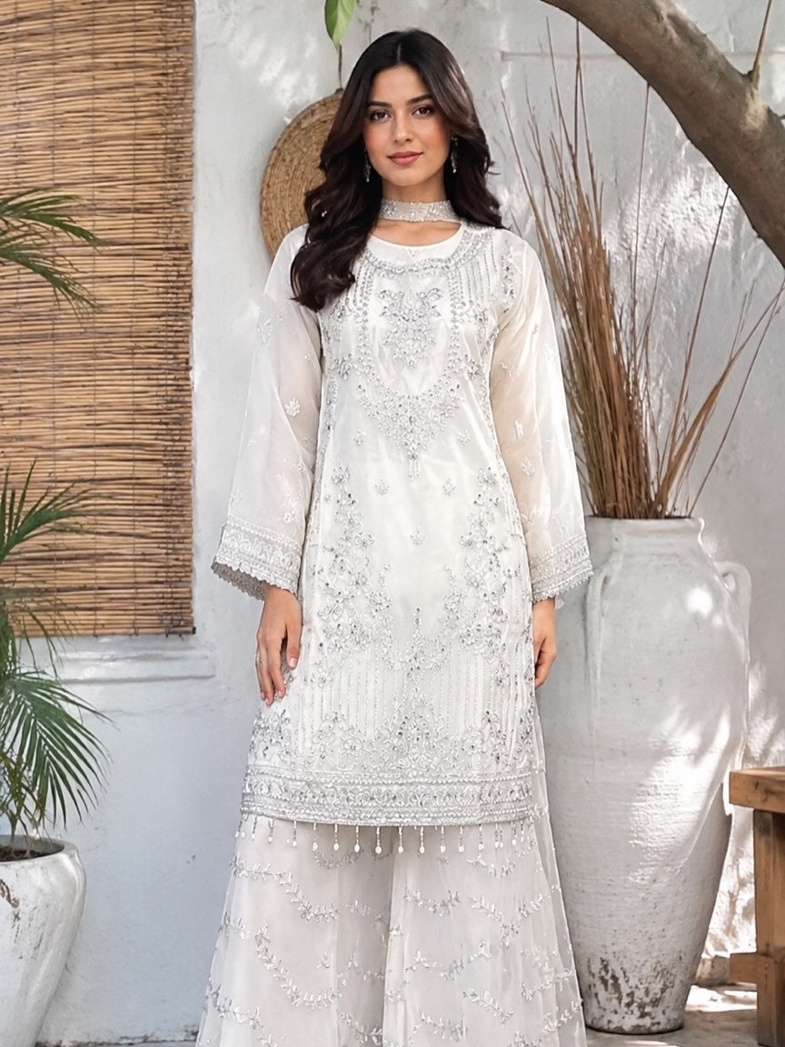 Elegant Embroidered White 2-Piece Suit