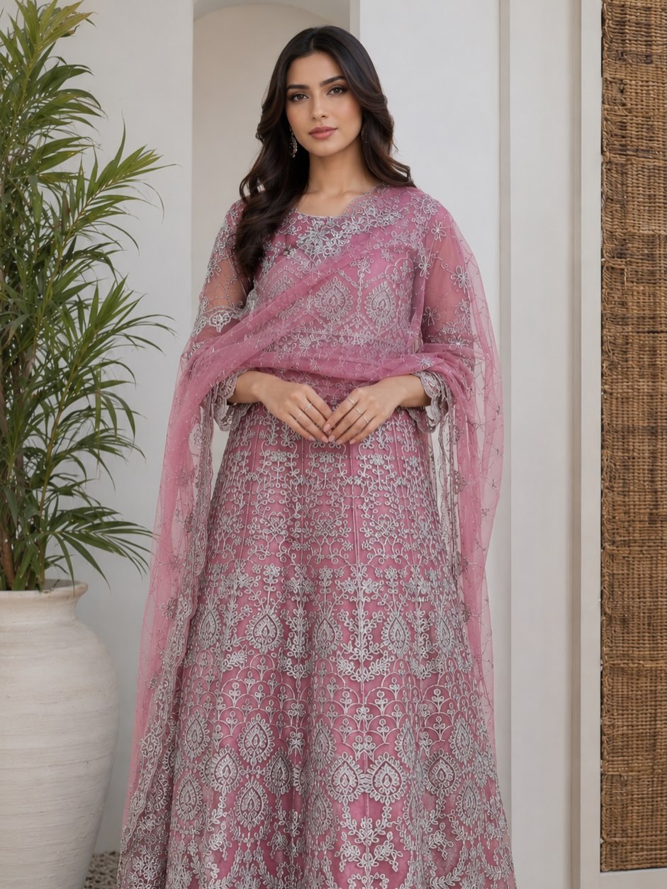 Elegant Rose Pink Embroidered 3-Piece Suit