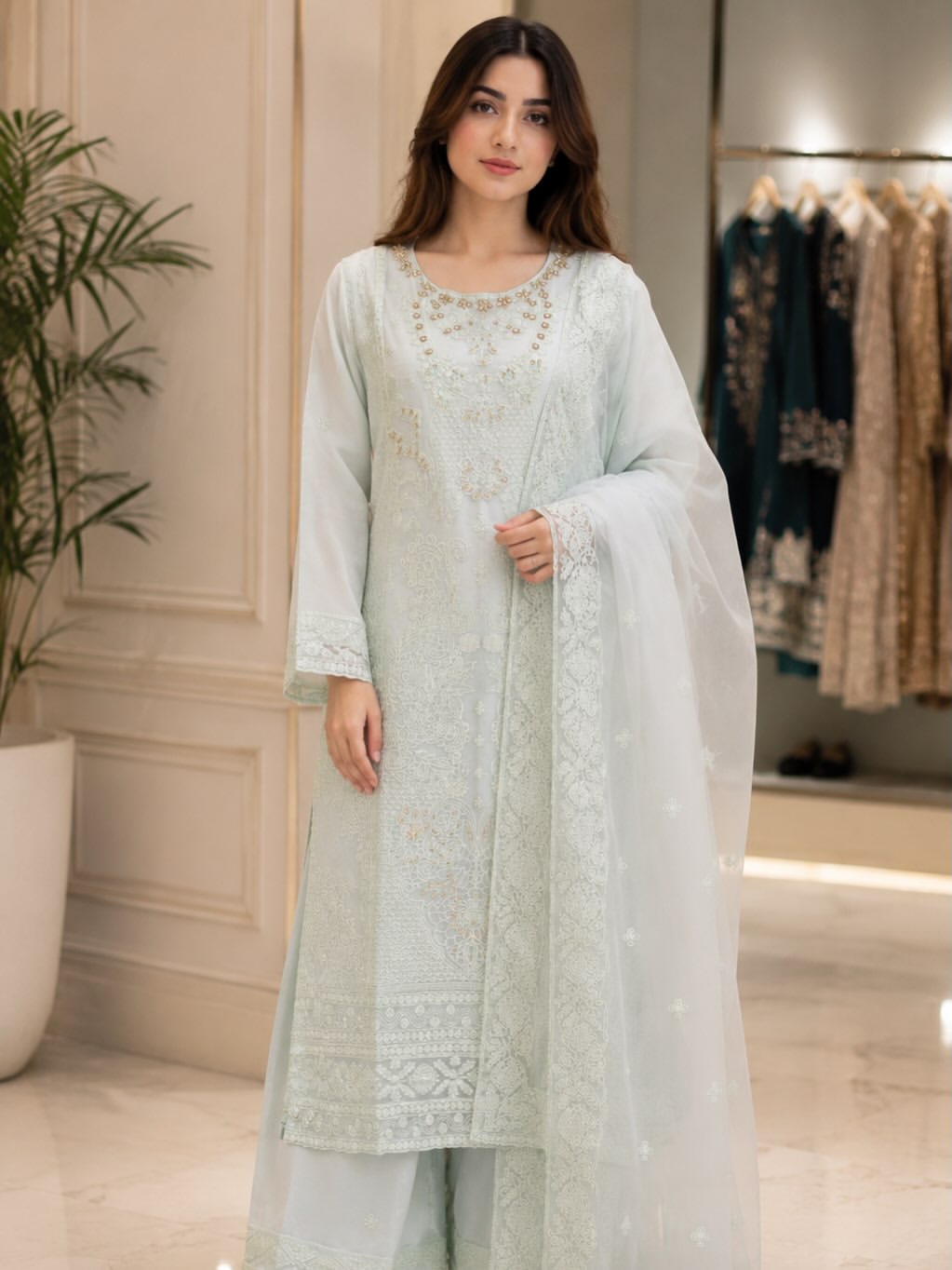 Elegant Mint Green Embroidered 3-Piece Suit