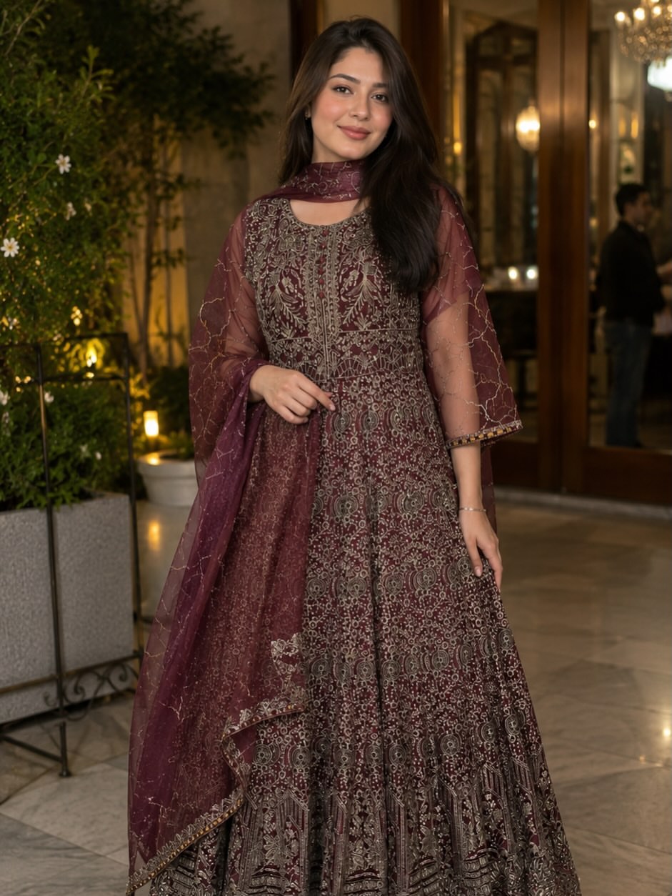 Elegant Maroon Embroidered Maxi Dress