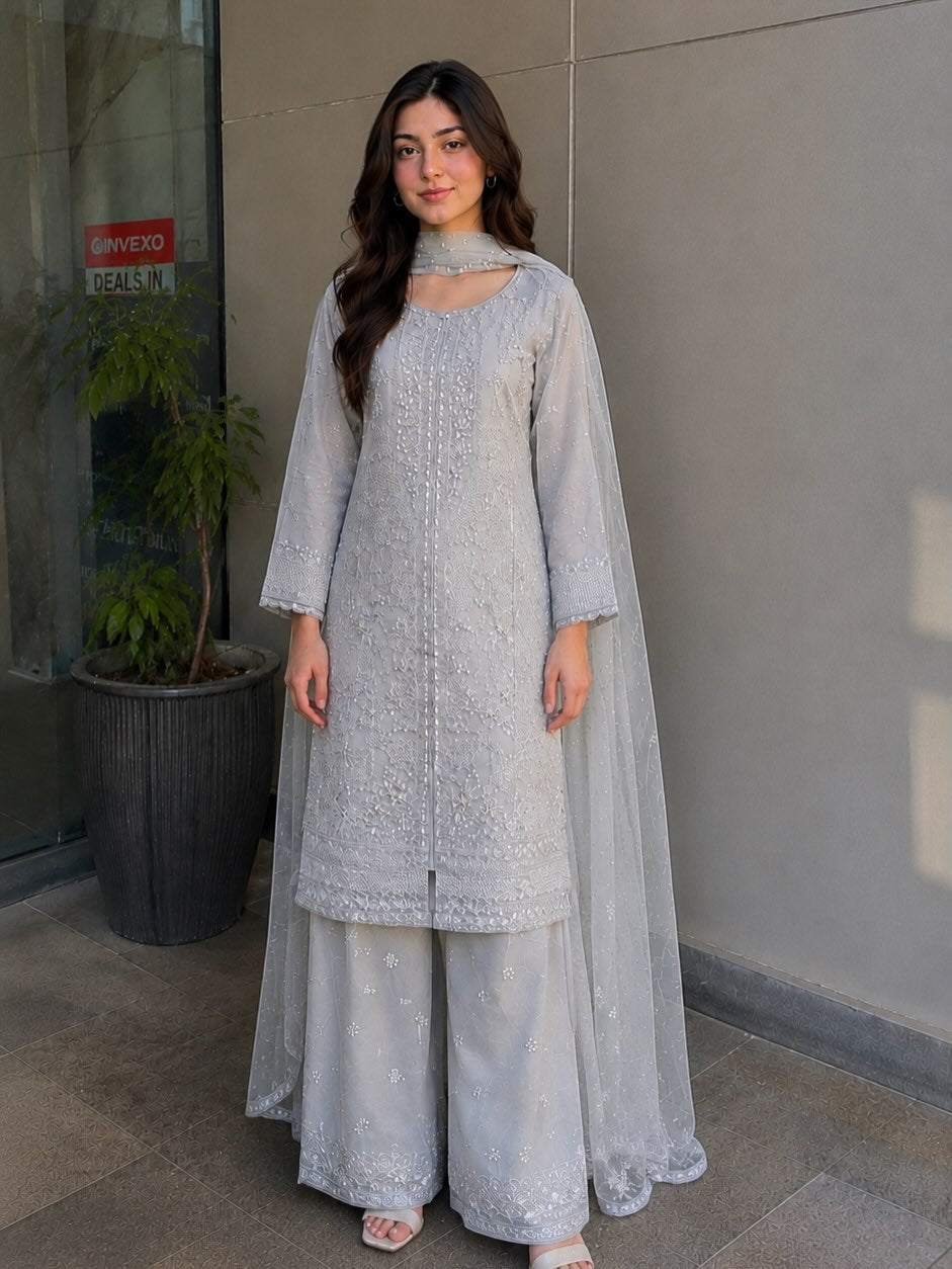 Luxury Grey Embroidered 3-Piece Suit