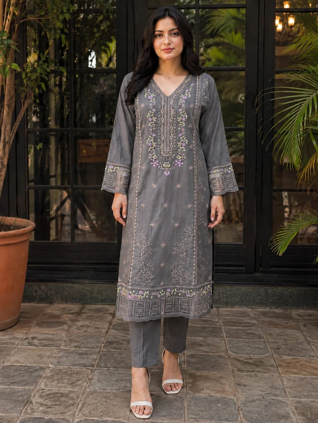 Elegant Grey Embroidered 2-Piece Suit